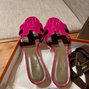 Dép Cao Gót Nữ Hermes Oasis Sandal Da Cá Sấu Hồng