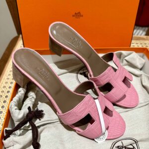 Dép Cao Gót Nữ Hermes Oasis Sandal Da Cá Sấu Hồng Nhạt