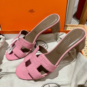 Dép Cao Gót Nữ Hermes Oasis Sandal Da Cá Sấu Hồng Nhạt