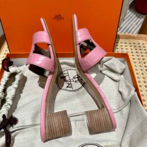 Dép Cao Gót Nữ Hermes Oasis Sandal Da Cá Sấu Hồng Nhạt