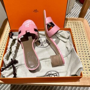 Dép Cao Gót Nữ Hermes Oasis Sandal Da Cá Sấu Hồng Nhạt