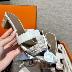 Dép Cao Gót Nữ Hermes Oasis Sandal Da Cá Sấu Loang Mũi