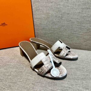 Dép Cao Gót Nữ Hermes Oasis Sandal Da Cá Sấu Loang Mũi