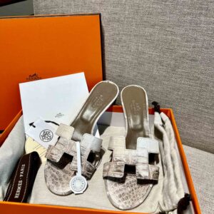 Dép Cao Gót Nữ Hermes Oasis Sandal Da Cá Sấu Loang Mũi