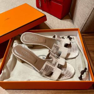 Dép Cao Gót Nữ Hermes Oasis Sandal Da Cá Sấu Trắng