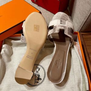 Dép Cao Gót Nữ Hermes Oasis Sandal Da Cá Sấu Trắng