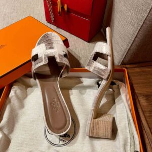 Dép Cao Gót Nữ Hermes Oasis Sandal Da Cá Sấu Trắng