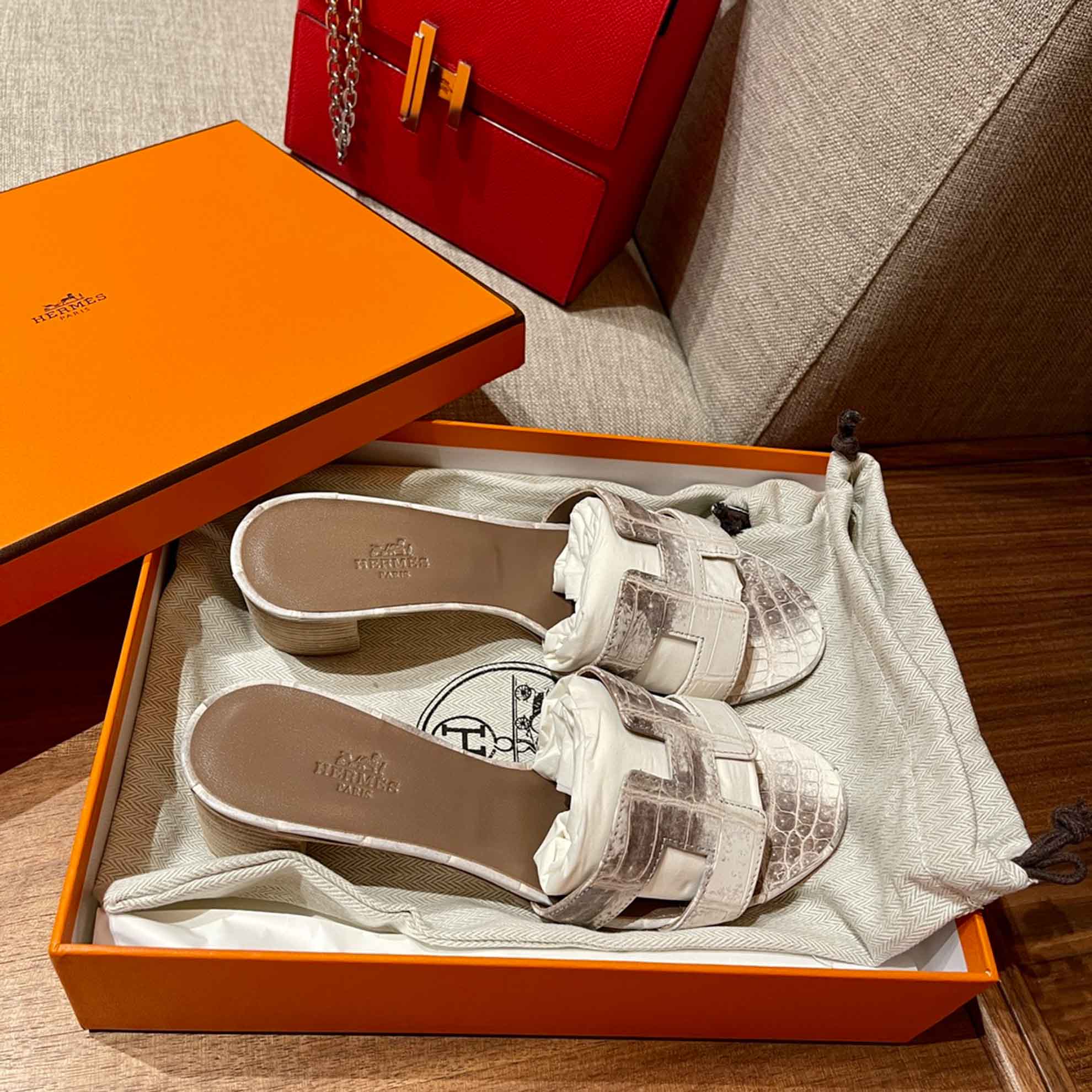 Dép Cao Gót Nữ Hermes Oasis Sandal Da Cá Sấu Trắng