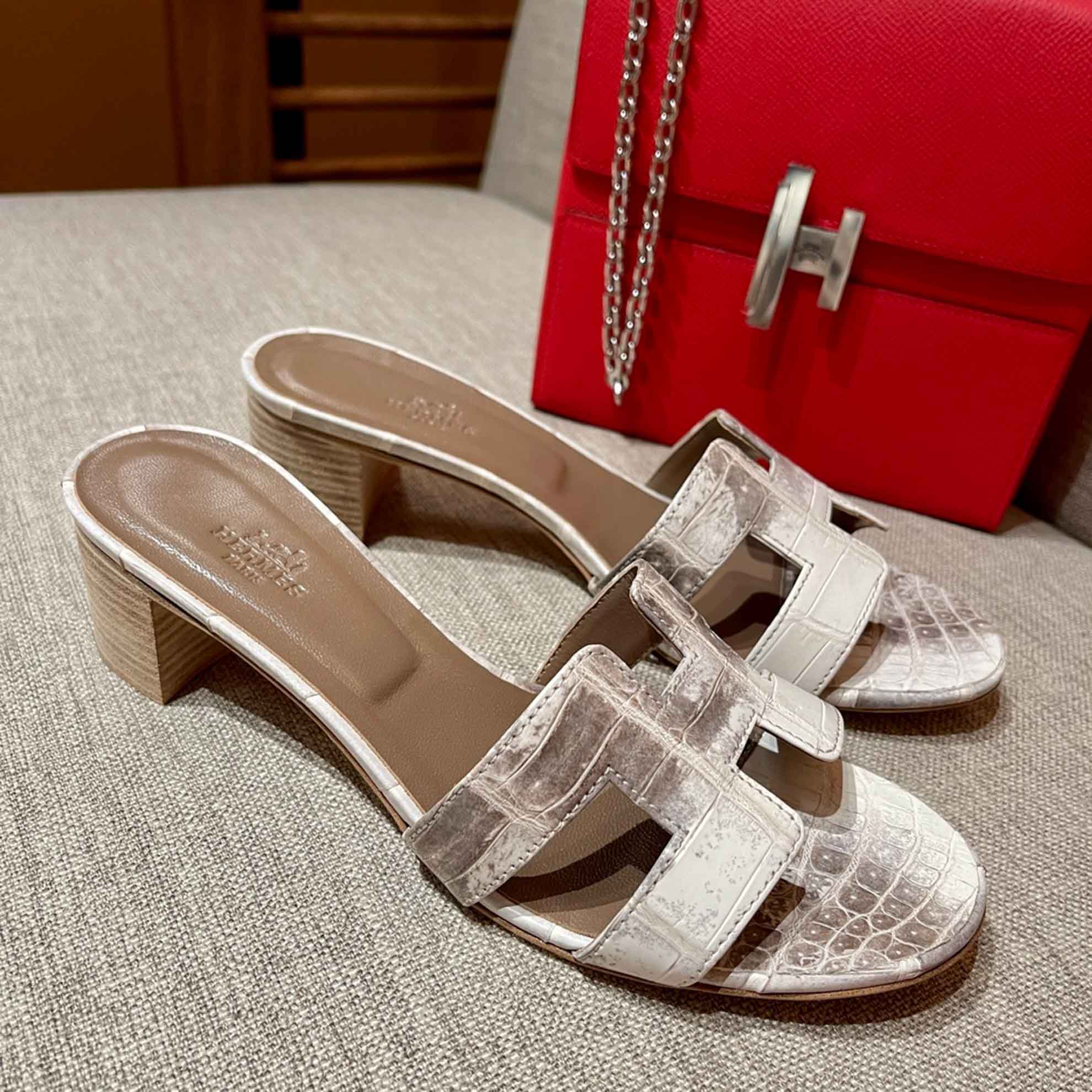 Dép Cao Gót Nữ Hermes Oasis Sandal Da Cá Sấu Trắng