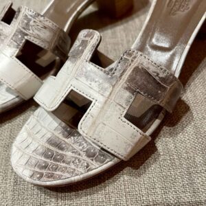 Dép Cao Gót Nữ Hermes Oasis Sandal Da Cá Sấu Trắng