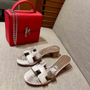 Dép Cao Gót Nữ Hermes Oasis Sandal Da Cá Sấu Trắng