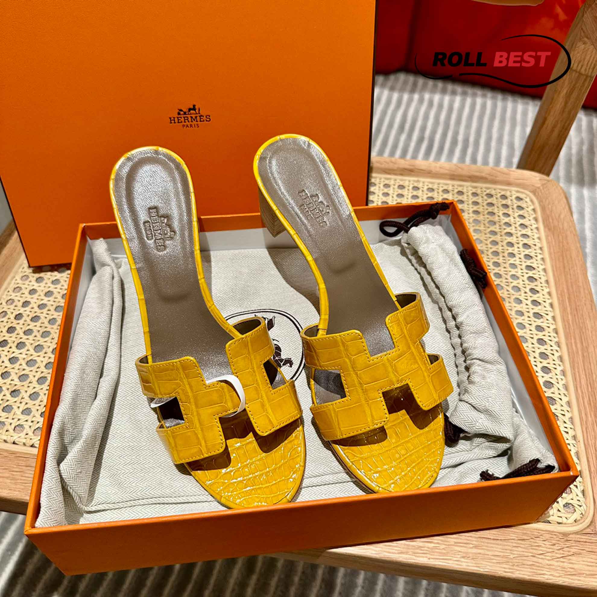 Dép Cao Gót Nữ Hermes Oasis Sandal Da Cá Sấu Vàng Nâu