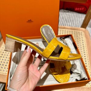 Dép Cao Gót Nữ Hermes Oasis Sandal Da Cá Sấu Vàng Nâu