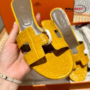 Dép Cao Gót Nữ Hermes Oasis Sandal Da Cá Sấu Vàng Nâu