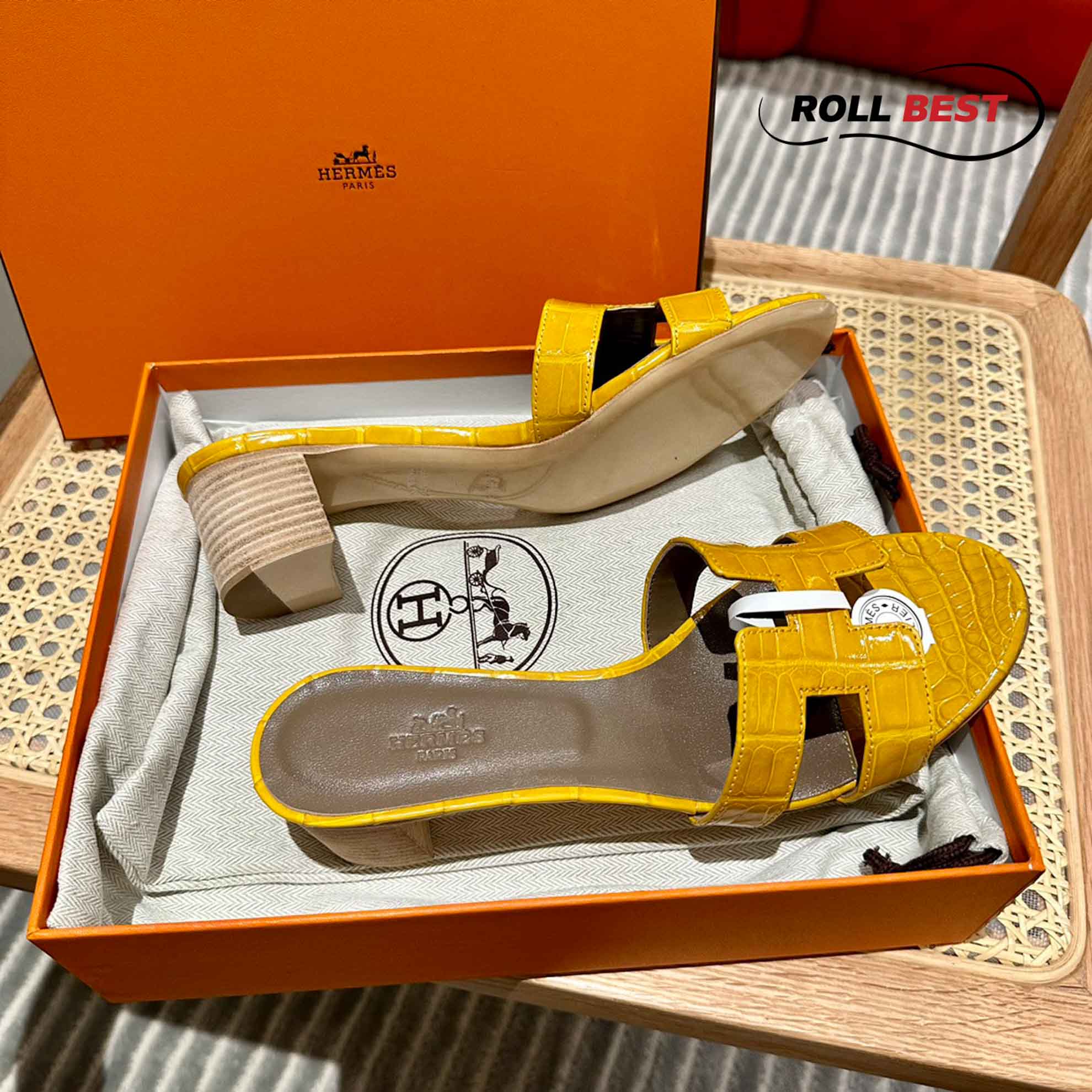 Dép Cao Gót Nữ Hermes Oasis Sandal Da Cá Sấu Vàng Nâu