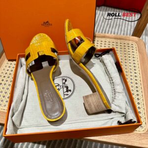 Dép Cao Gót Nữ Hermes Oasis Sandal Da Cá Sấu Vàng Nâu