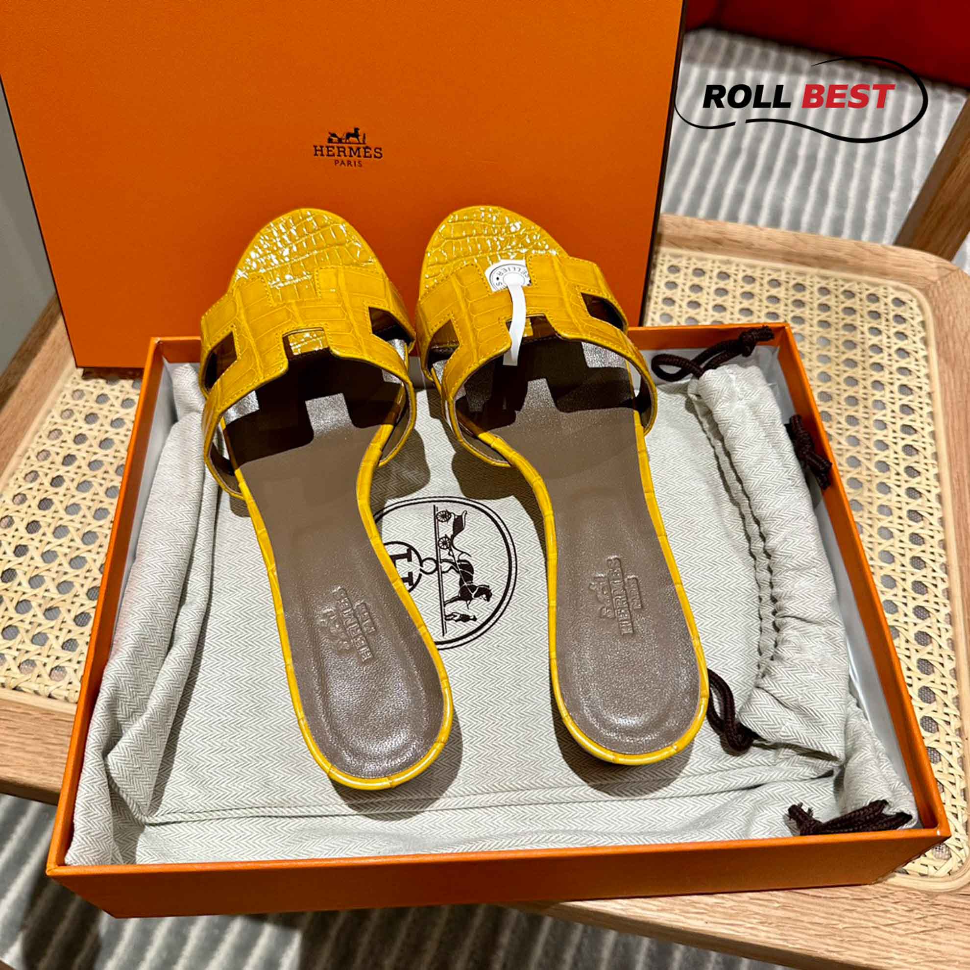 Dép Cao Gót Nữ Hermes Oasis Sandal Da Cá Sấu Vàng Nâu