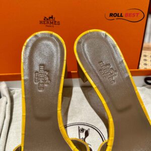 Dép Cao Gót Nữ Hermes Oasis Sandal Da Cá Sấu Vàng Nâu