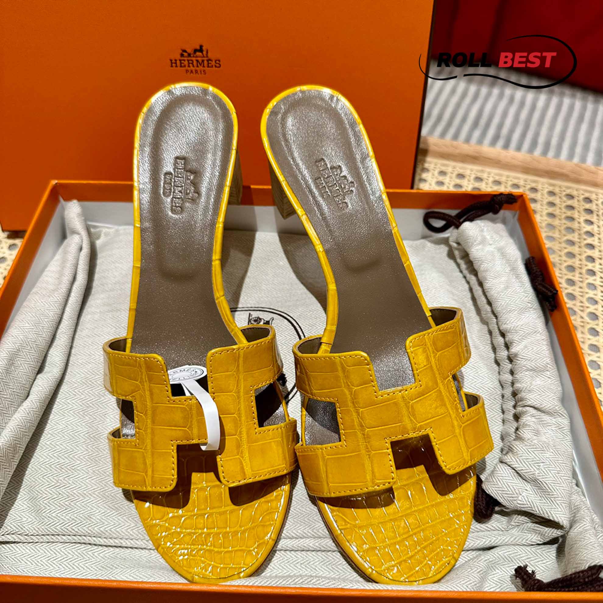 Dép Cao Gót Nữ Hermes Oasis Sandal Da Cá Sấu Vàng Nâu