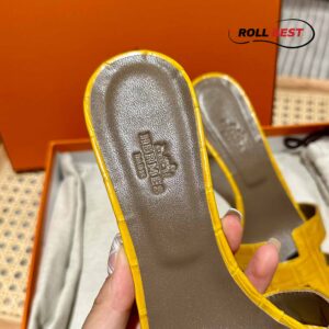 Dép Cao Gót Nữ Hermes Oasis Sandal Da Cá Sấu Vàng Nâu