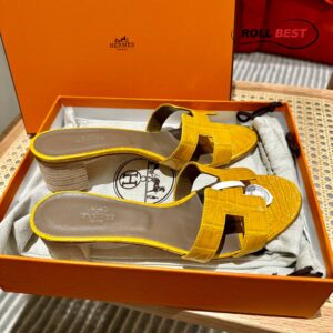 Dép Cao Gót Nữ Hermes Oasis Sandal Da Cá Sấu Vàng Nâu