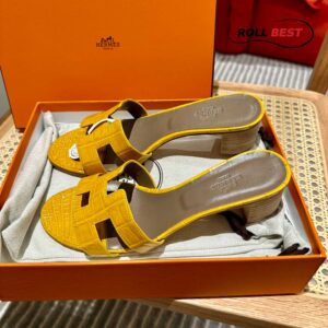 Dép Cao Gót Nữ Hermes Oasis Sandal Da Cá Sấu Vàng Nâu