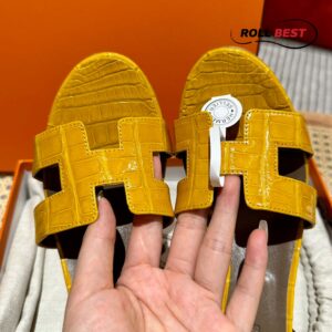 Dép Cao Gót Nữ Hermes Oasis Sandal Da Cá Sấu Vàng Nâu