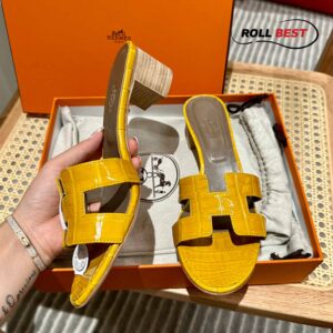 Dép Cao Gót Nữ Hermes Oasis Sandal Da Cá Sấu Vàng Nâu