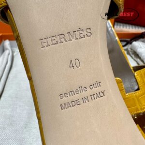 Dép Cao Gót Nữ Hermes Oasis Sandal Da Cá Sấu Vàng Nâu