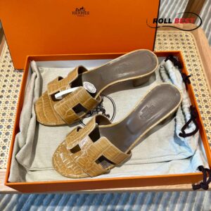 Dép Cao Gót Nữ Hermes Oasis Sandal Da Cá Sấu Vàng Nhat