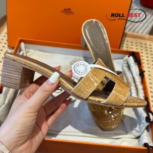 Dép Cao Gót Nữ Hermes Oasis Sandal Da Cá Sấu Vàng Nhat