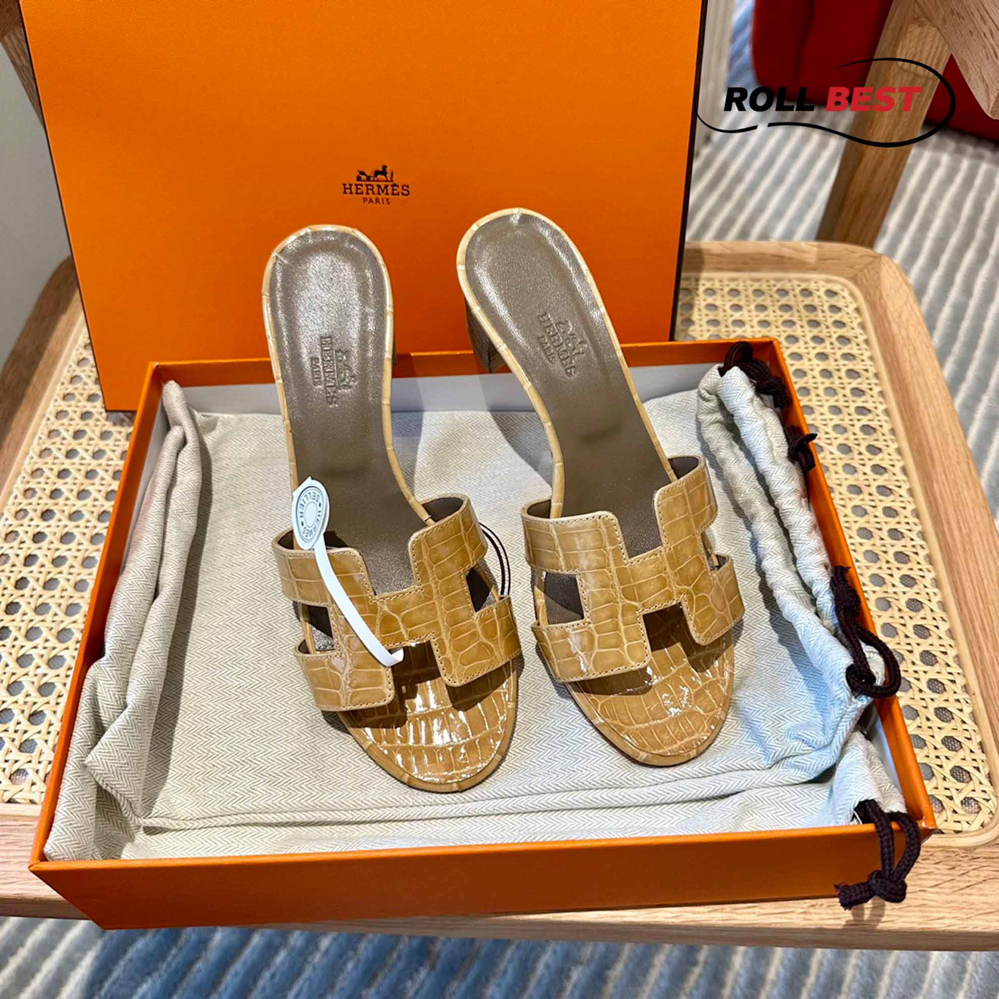 Dép Cao Gót Nữ Hermes Oasis Sandal Da Cá Sấu Vàng Nhat