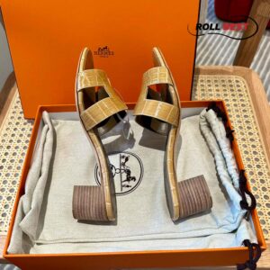 Dép Cao Gót Nữ Hermes Oasis Sandal Da Cá Sấu Vàng Nhat