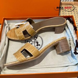 Dép Cao Gót Nữ Hermes Oasis Sandal Da Cá Sấu Vàng Nhat