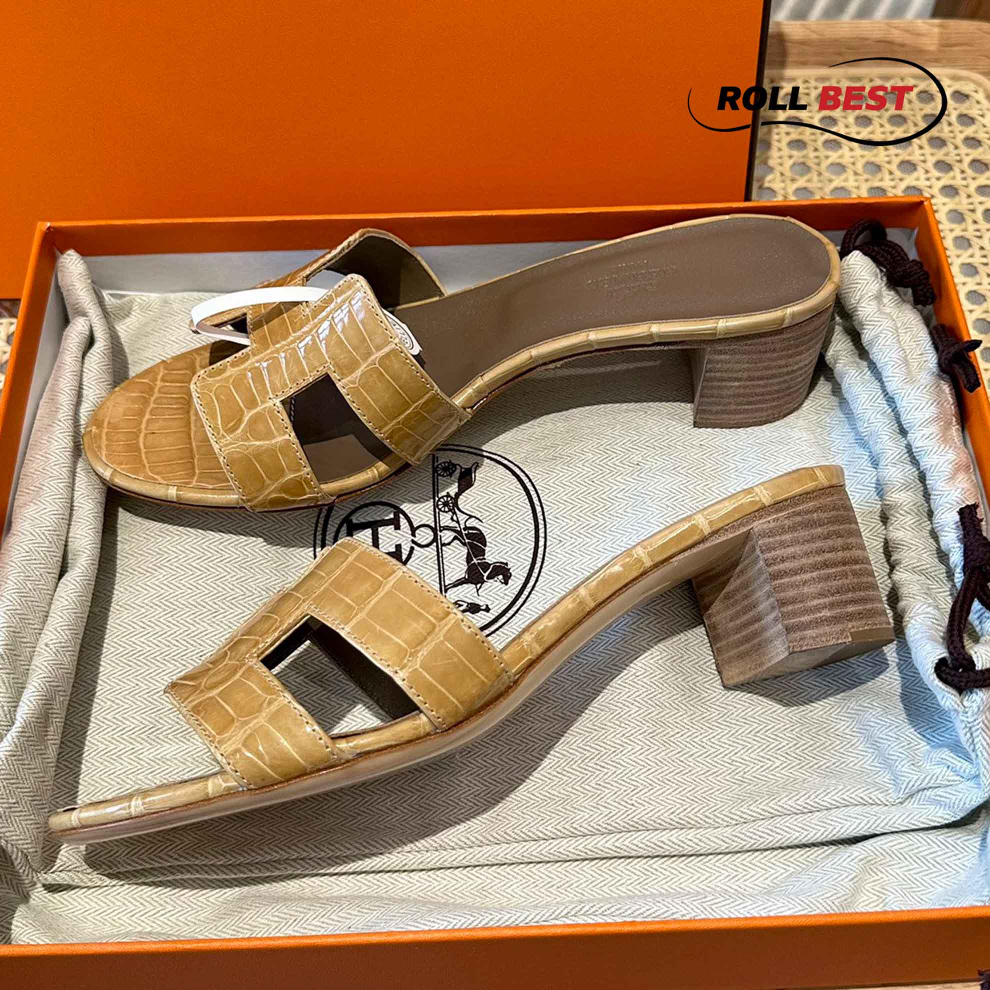 Dép Cao Gót Nữ Hermes Oasis Sandal Da Cá Sấu Vàng Nhat