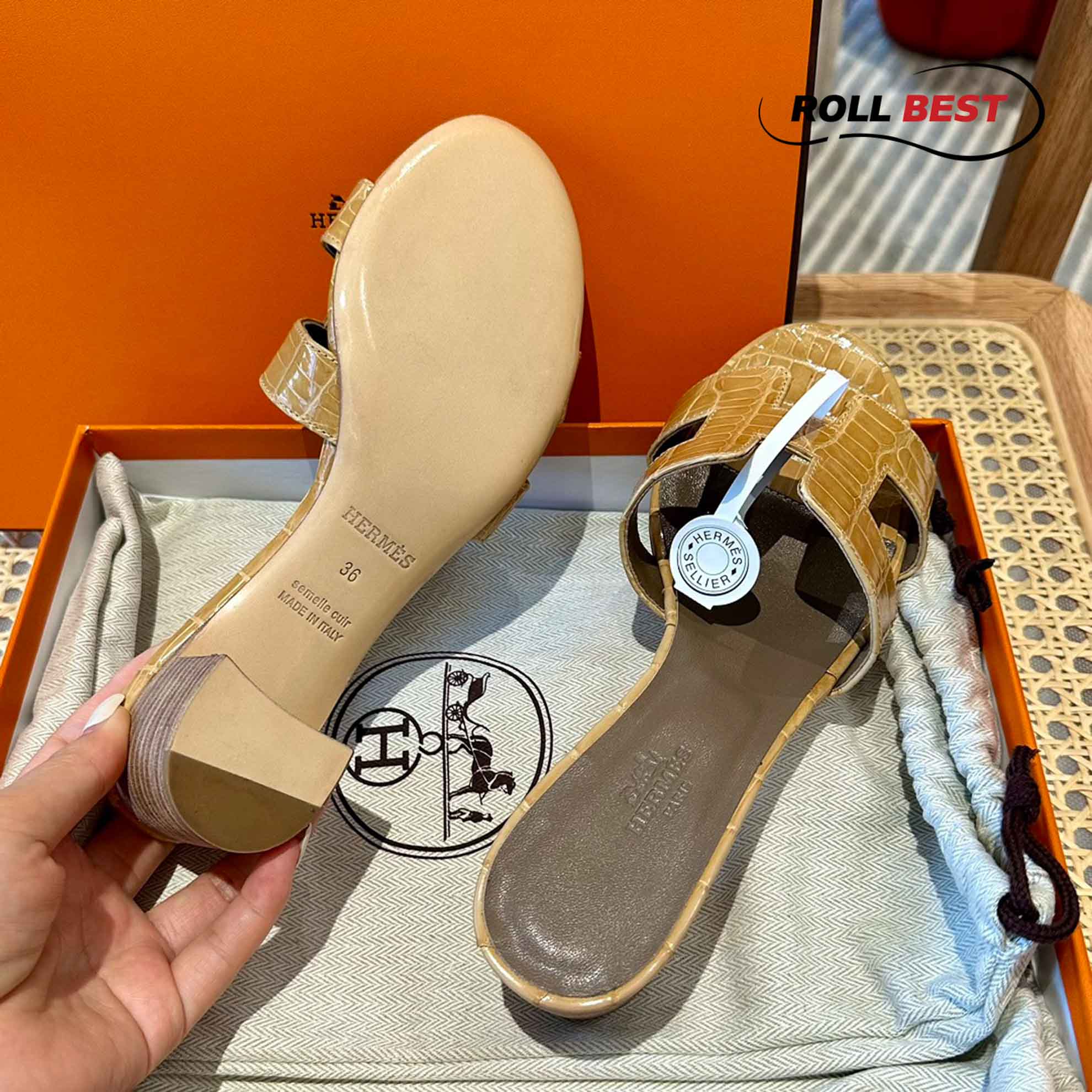 Dép Cao Gót Nữ Hermes Oasis Sandal Da Cá Sấu Vàng Nhat