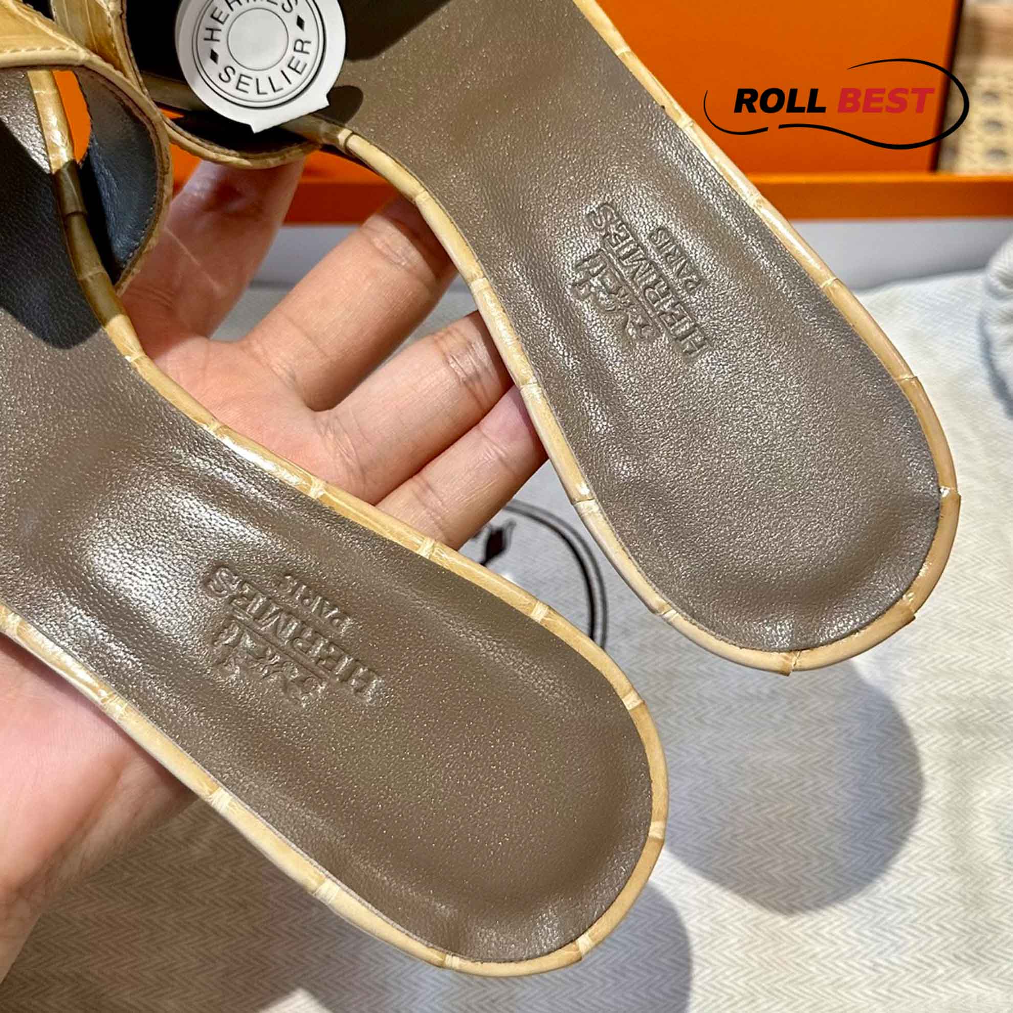 Dép Cao Gót Nữ Hermes Oasis Sandal Da Cá Sấu Vàng Nhat