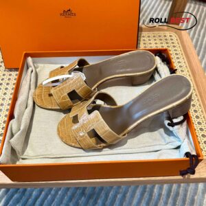 Dép Cao Gót Nữ Hermes Oasis Sandal Da Cá Sấu Vàng Nhat