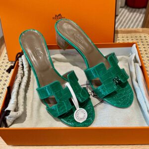 Dép Cao Gót Nữ Hermes Oasis Sandal Da Cá Sấu Xanh Nâu