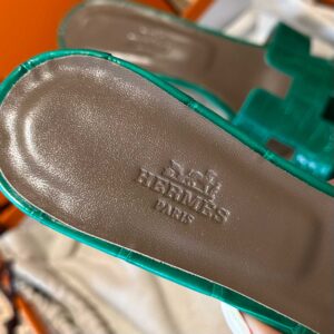 Dép Cao Gót Nữ Hermes Oasis Sandal Da Cá Sấu Xanh Nâu