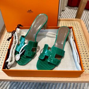 Dép Cao Gót Nữ Hermes Oasis Sandal Da Cá Sấu Xanh Nâu