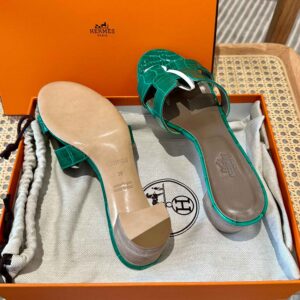 Dép Cao Gót Nữ Hermes Oasis Sandal Da Cá Sấu Xanh Nâu