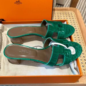 Dép Cao Gót Nữ Hermes Oasis Sandal Da Cá Sấu Xanh Nâu