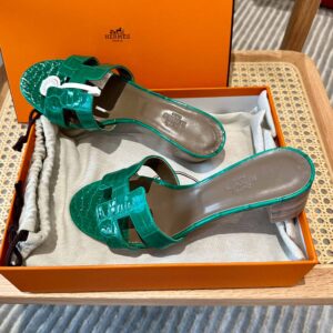 Dép Cao Gót Nữ Hermes Oasis Sandal Da Cá Sấu Xanh Nâu