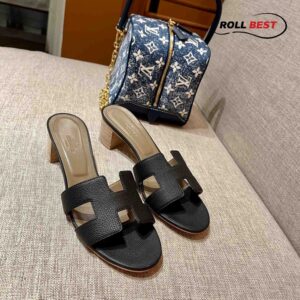 Dép Cao Gót Nữ Hermes Oasis Sandal Đen Da Nhăn