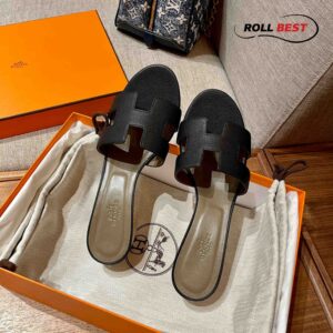 Dép Cao Gót Nữ Hermes Oasis Sandal Đen Da Nhăn