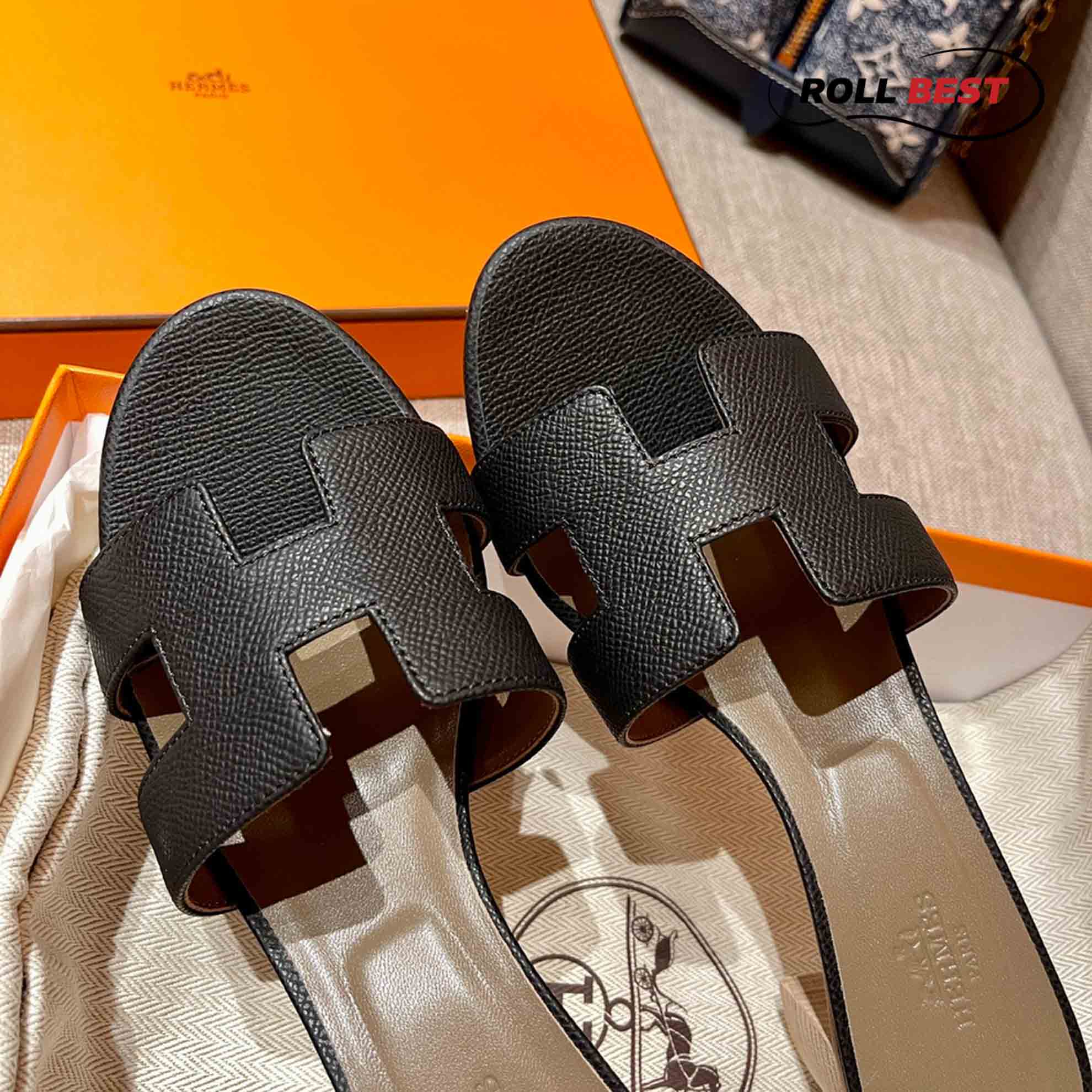 Dép Cao Gót Nữ Hermes Oasis Sandal Đen Da Nhăn