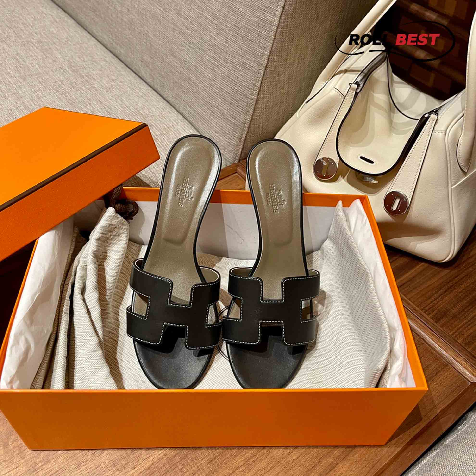 Dép Cao Gót Nữ Hermes Oasis Sandal Đen Nâu Da Trơn