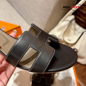 Dép Cao Gót Nữ Hermes Oasis Sandal Đen Nâu Da Trơn