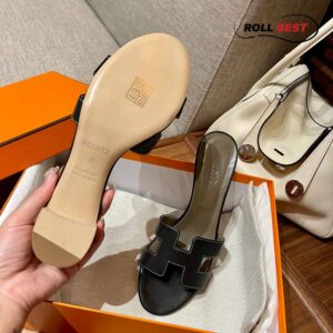 Dép Cao Gót Nữ Hermes Oasis Sandal Đen Nâu Da Trơn